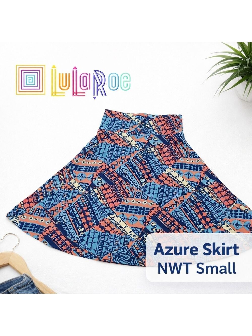 NWT LuLaRoe Azure Skirt Small NWT Blue Coral Geometric Simply Comfortable Flare